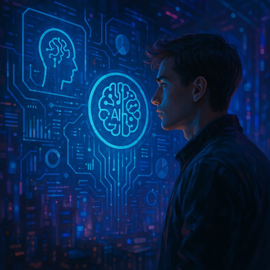Mesa de debate futurista con personas genéricas frente a pantallas con mapas y datos de IA