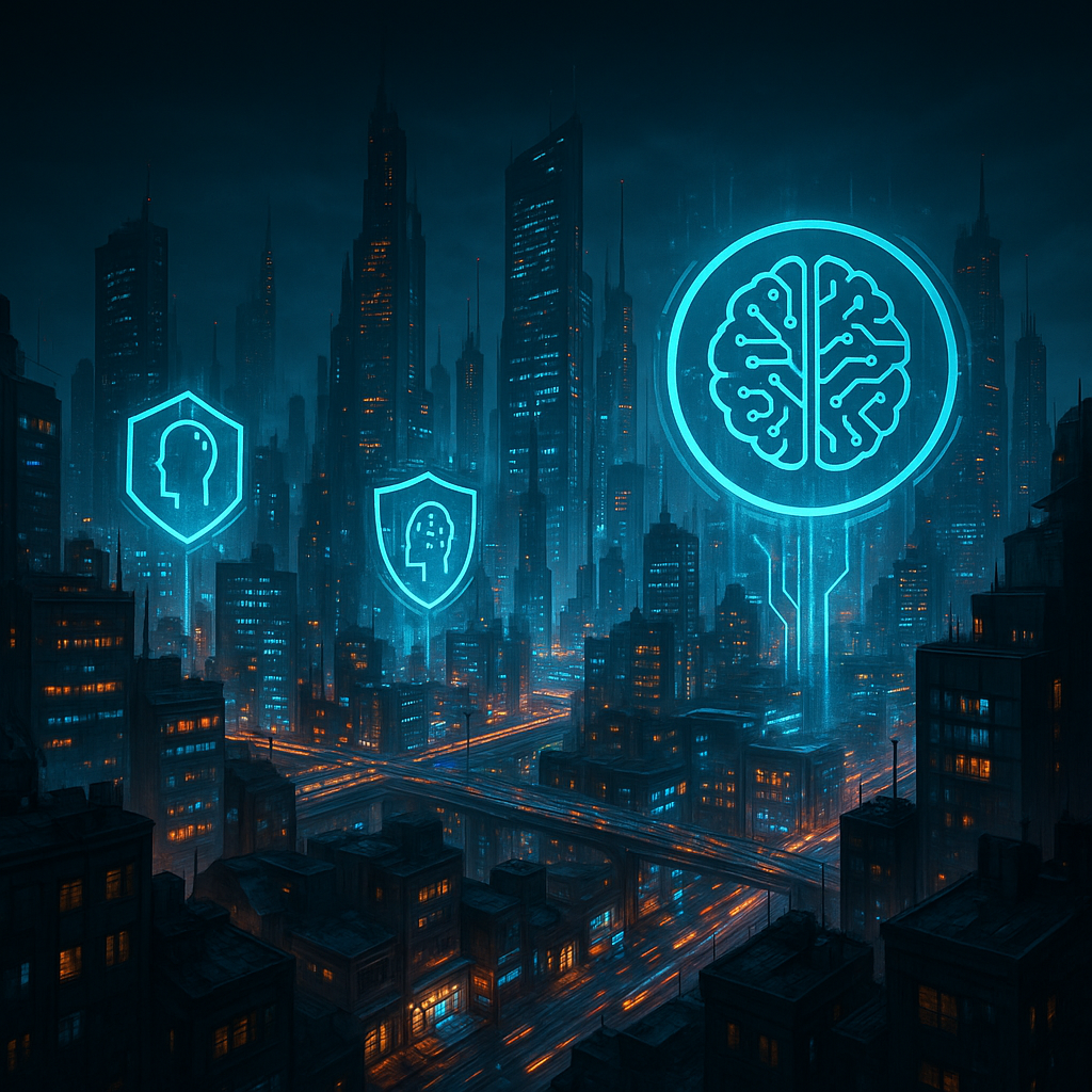 Balanzas de justicia futuristas combinadas con circuitos de inteligencia artificial